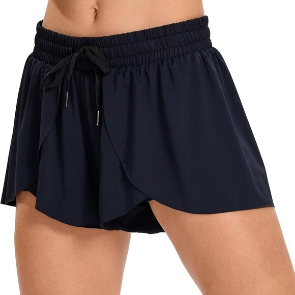 Pants - Black Womens Athletic Flowy Running Shorts with Pockets, 3" inseam, High Waist